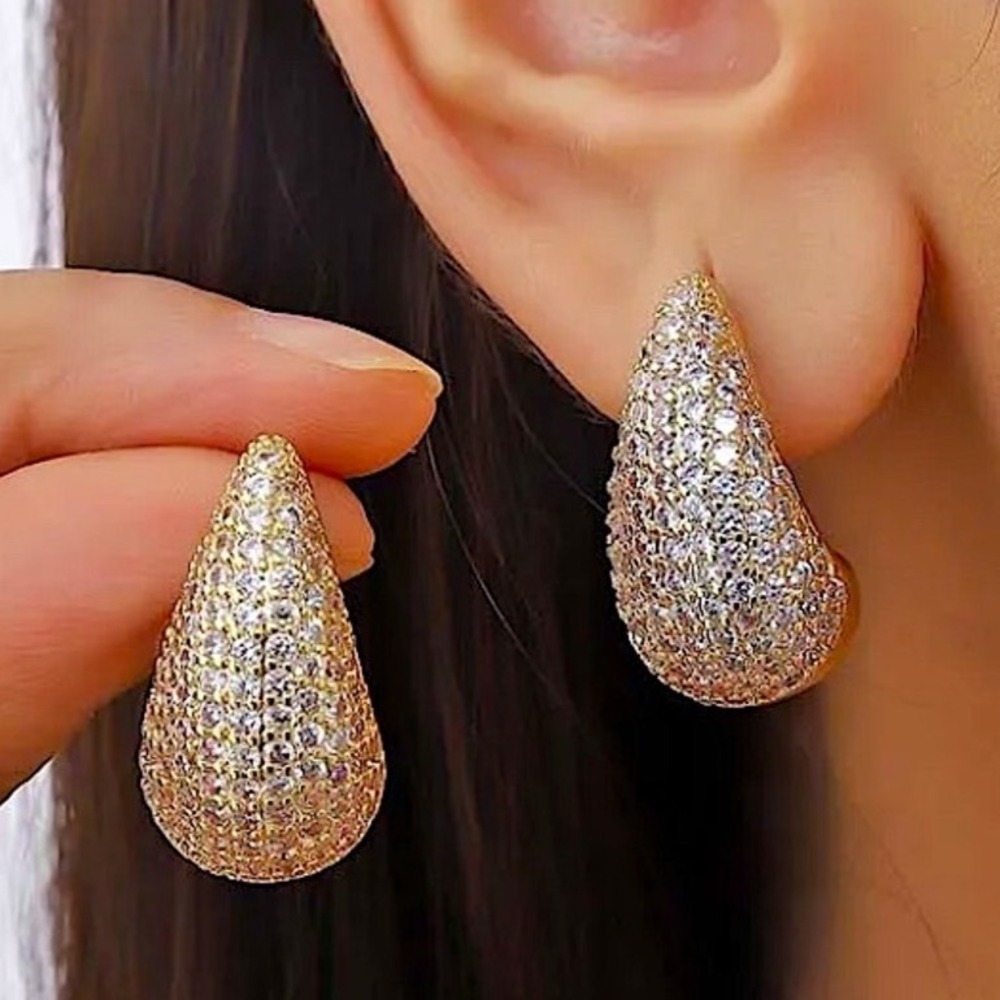 Gold Plated Stainless Steel Teardrop Pave Cubic Zirconia Earrings